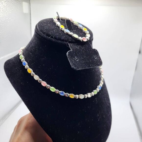 Beautiful Silver and Pastel Tiger's Eye Bracelet & Necklace Set - signed - Picture 7 of 8